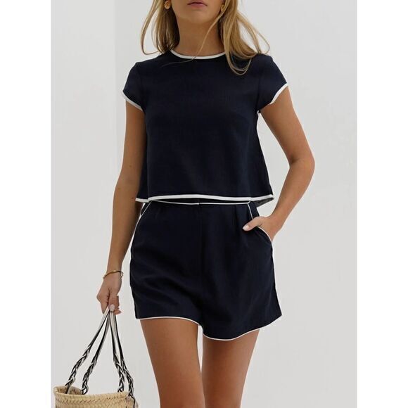 Commense Chic Black Cotton Two-Piece Set Crop Top and‎ Shorts Casual Outfit M - Picture 1 of 12